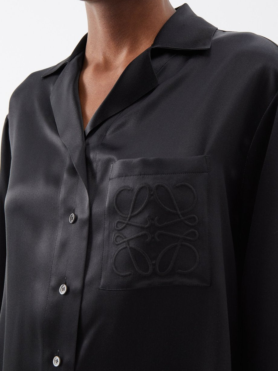 Anagram-embroidered satin blouse
