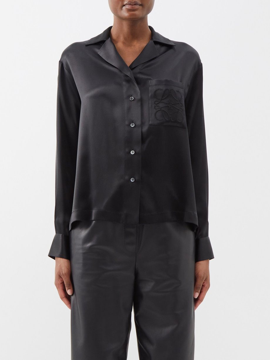 Anagram-embroidered satin blouse
